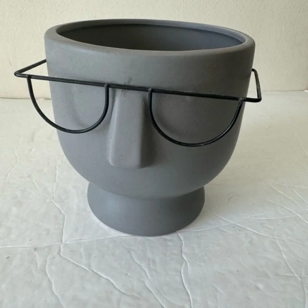 Face with glasses 6in ceramic planter gray